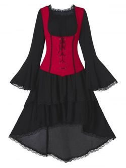 Criss Cross Waist Cold Shoulder Vintage Dress - BLACK - XL
