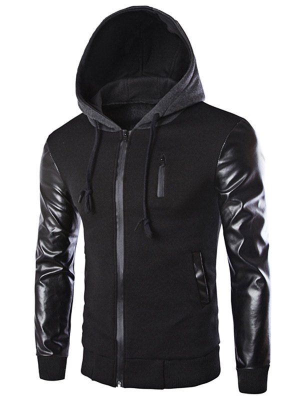 [43 OFF] Drawstring Hooded PU Leather Spliced Zipper Design Long