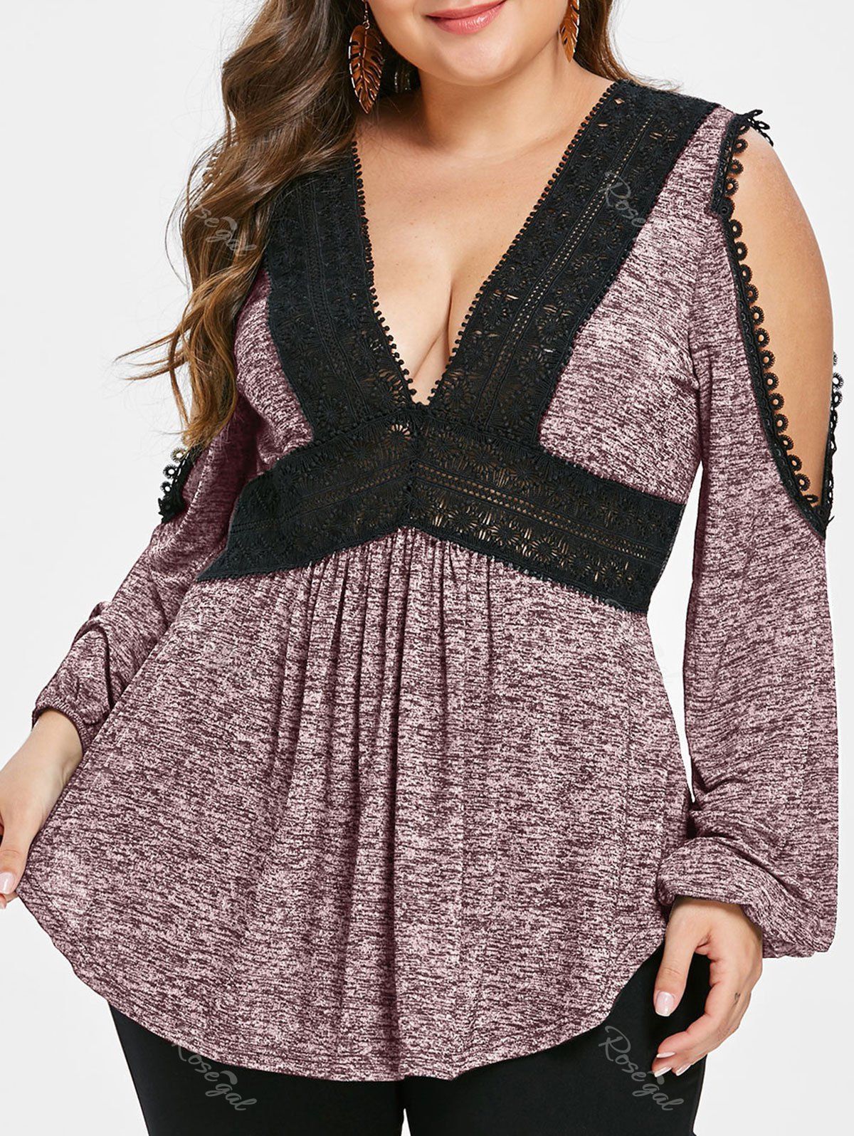 

Plus Size Plunge Cold Shoulder Marled T-shirt, Red wine