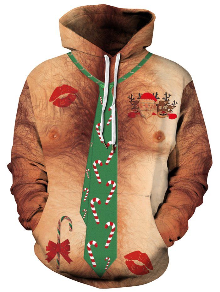 

Faux Tie Candy Printed Christmas Hoodie, Multi