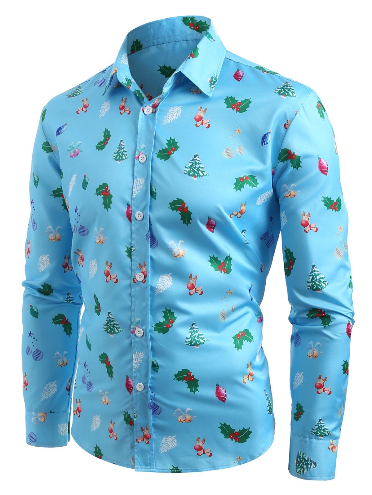 

Christmas Tree Printed Turn Down Collar Shirt, Robin egg blue