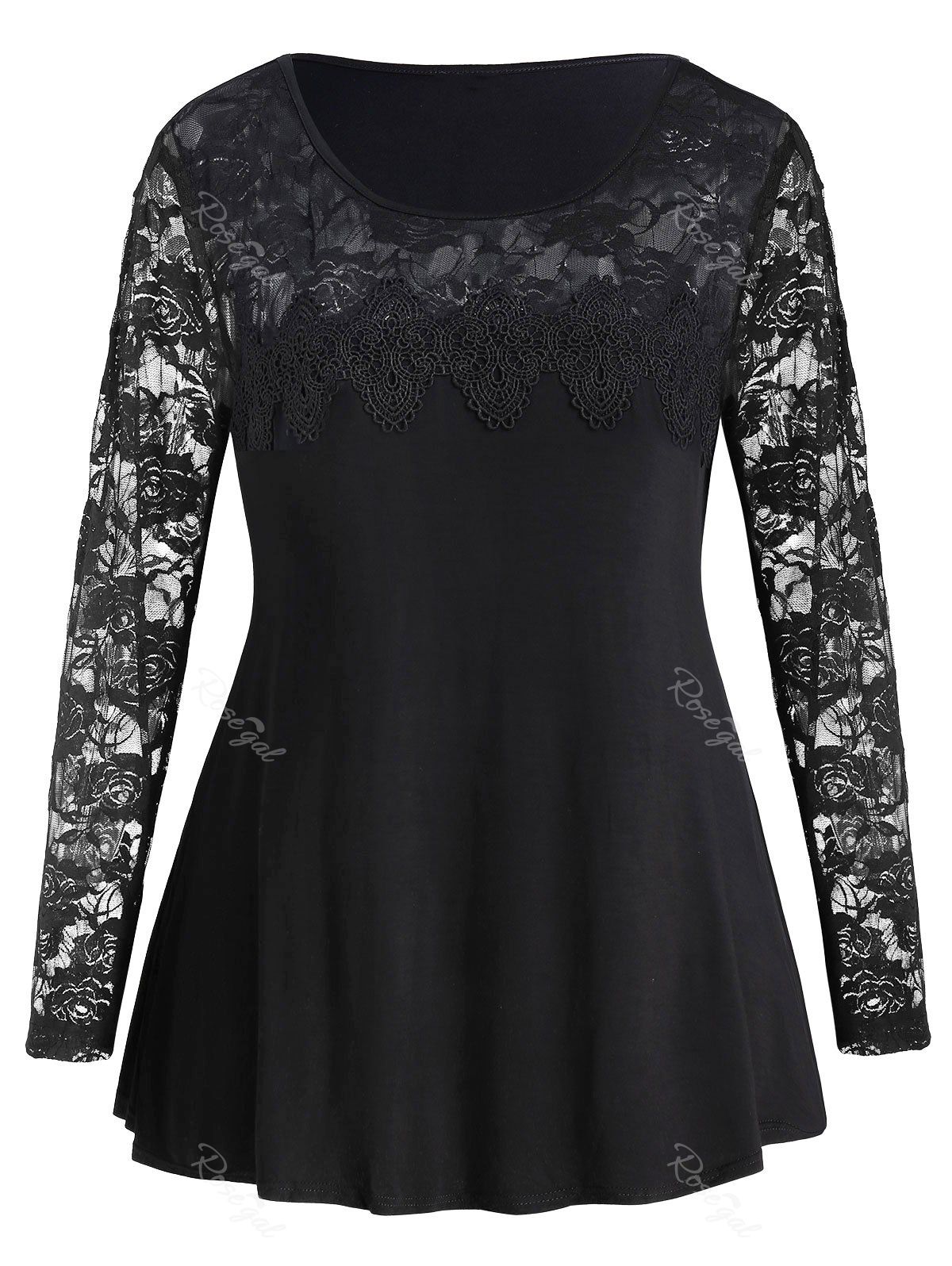 

Floral Lace Sleeve Plus Size Round Neck T-shirt, Black