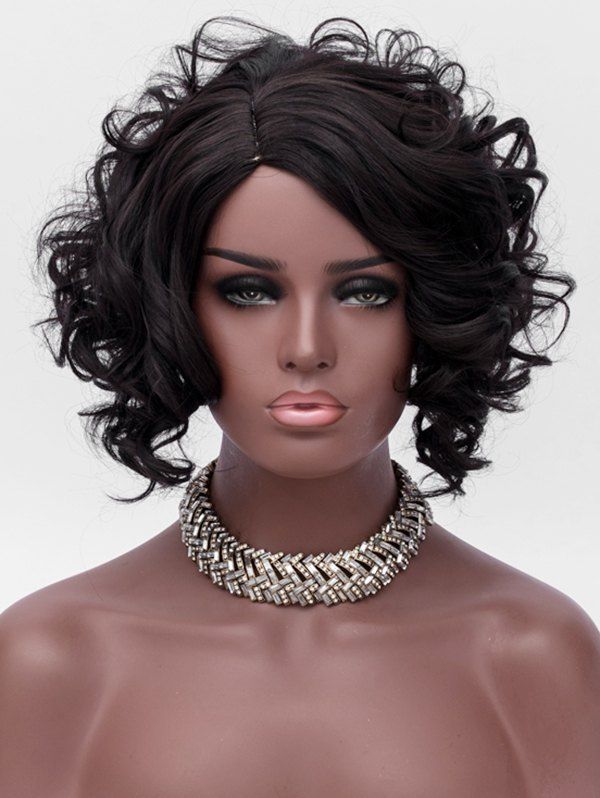 

Short Side Parting Fluffy Curly Synthetic Wig, Black