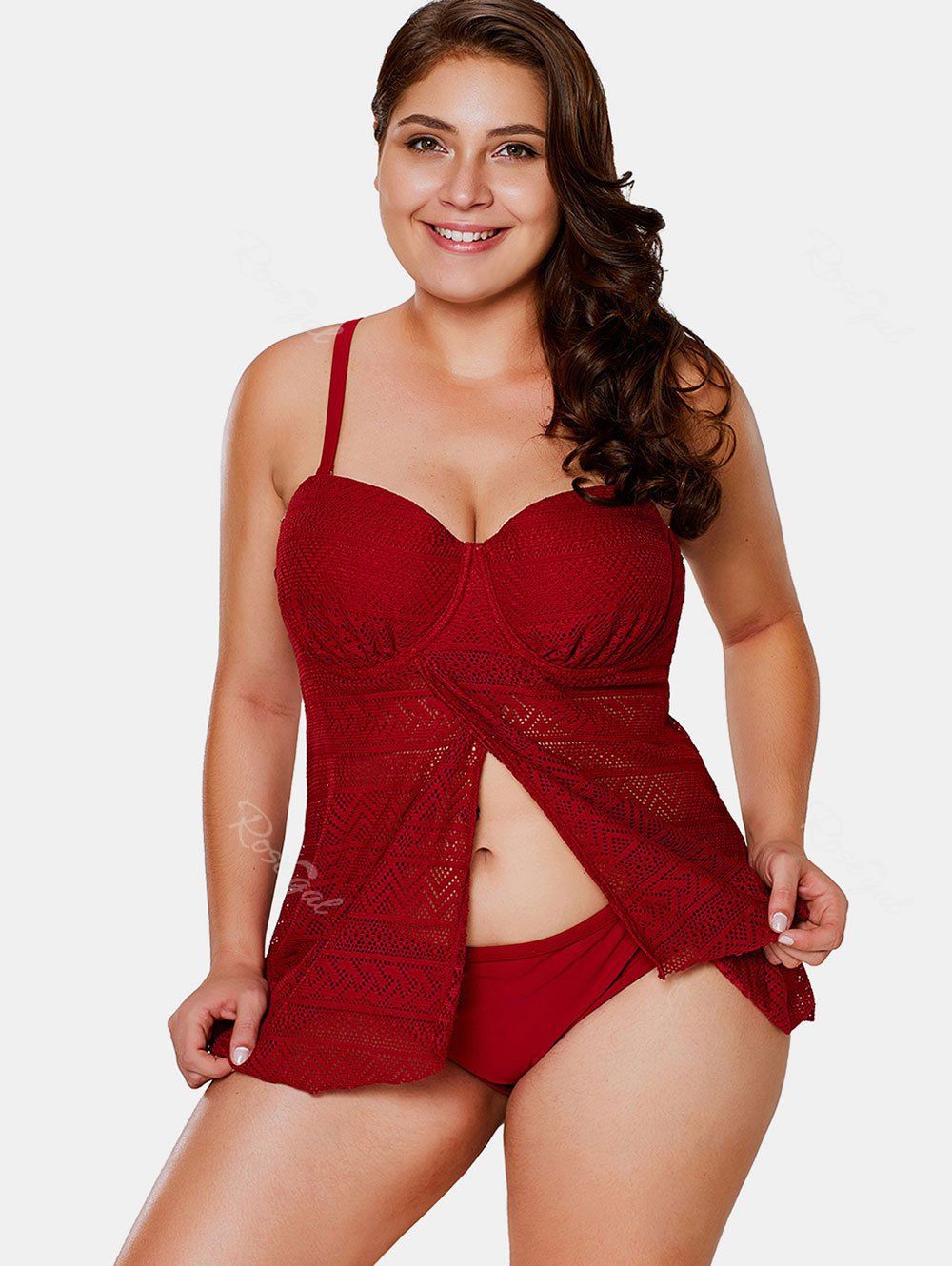 

Front Slit Plus Size Underwire Tankini Set, Red wine