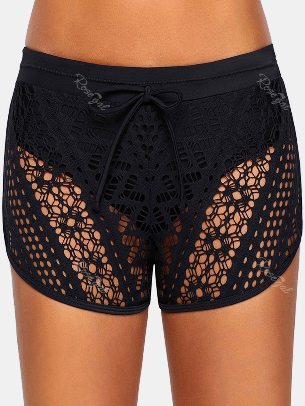 

Openwork Plus Size Elastic Waist Shorts, Black
