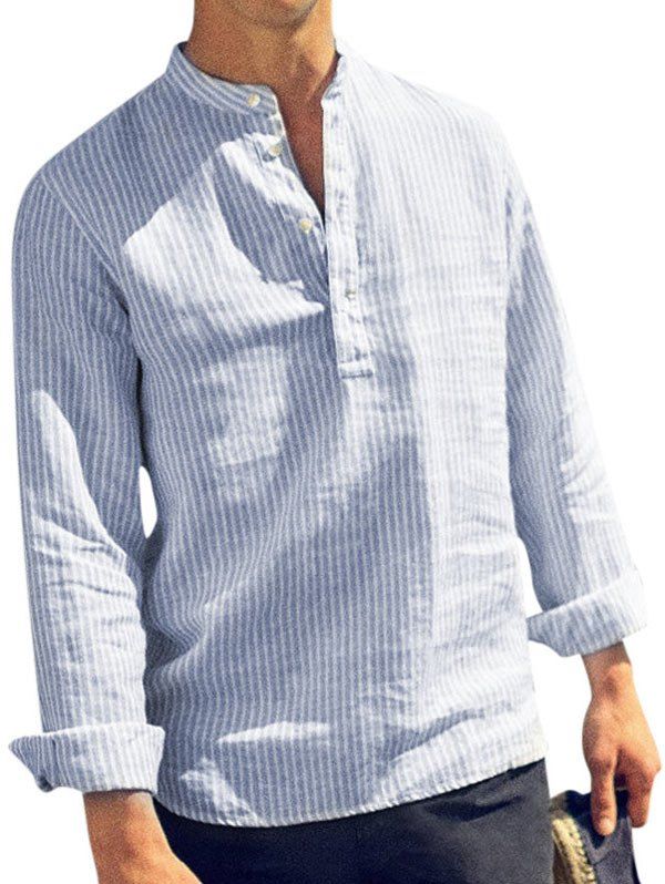 

Stand Collar Half Button Striped Shirt, Blue gray