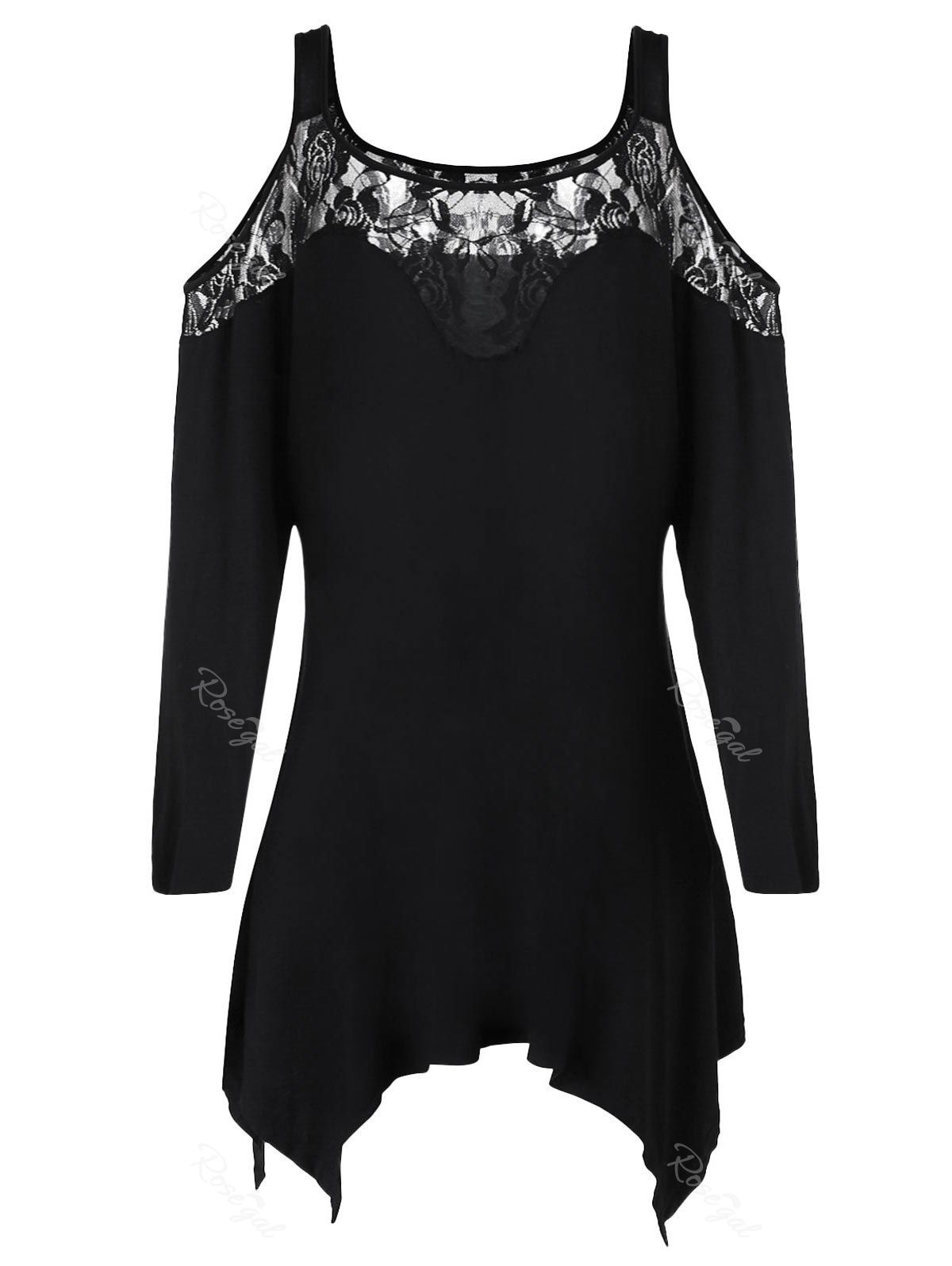 

Plus Size Lace Insert Cold Shoulder Irregular T-shirt, Black
