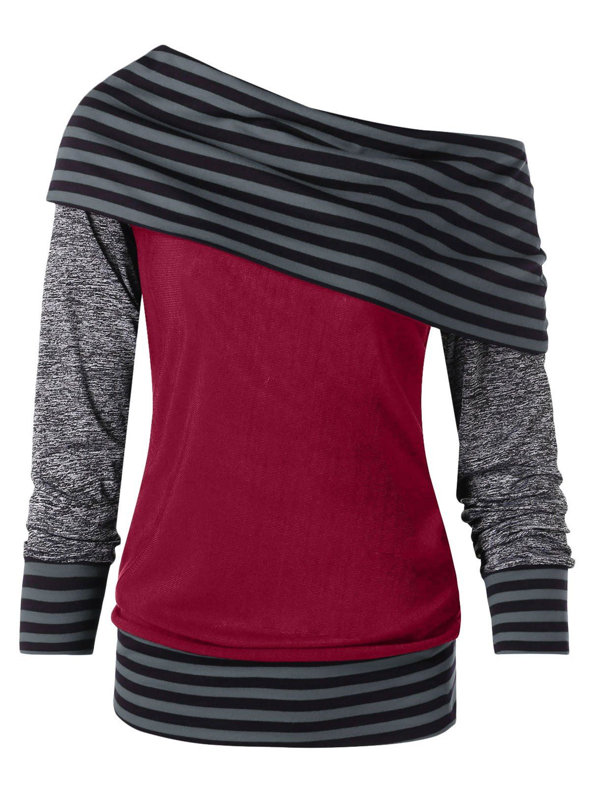 

Stripe Slash Neck Color Block Pullover, Red wine