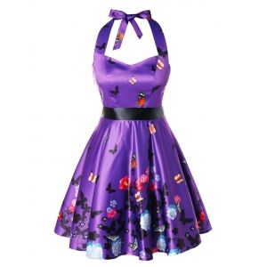 

Plus Size Halter Open Back Floral Vintage Dress, Purple iris