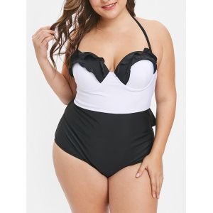 

Halter Neck Plus Size Ruffle Trim Swimwear, Black