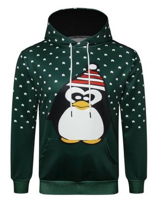 Penguin with Christmas Hat Printed Pullover Hoodie