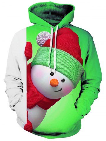 Sweat à Capuche de Noël 3D Bonhomme de Neige Imprimé avec Poche Kangourou - YELLOW GREEN - 3XL