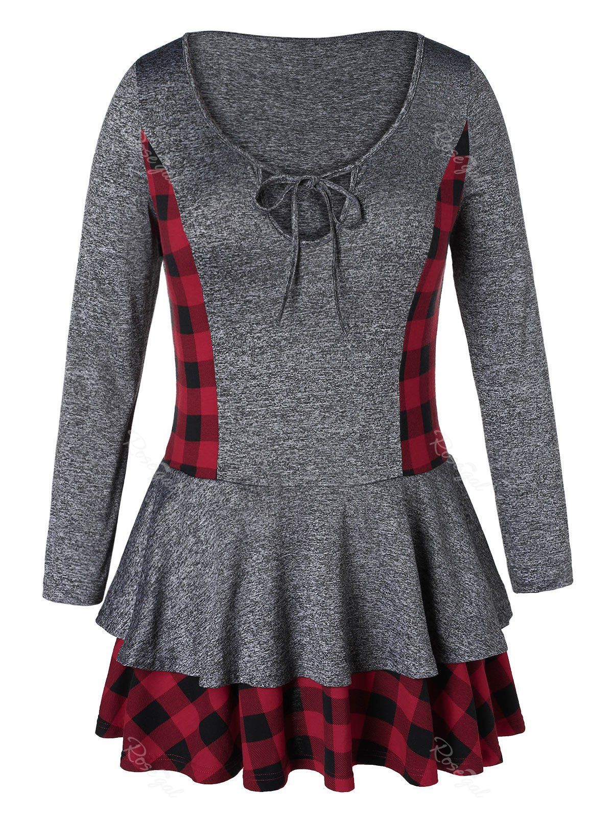 

Plus Size Plaid Layered Space Dyed T-shirt, Carbon gray