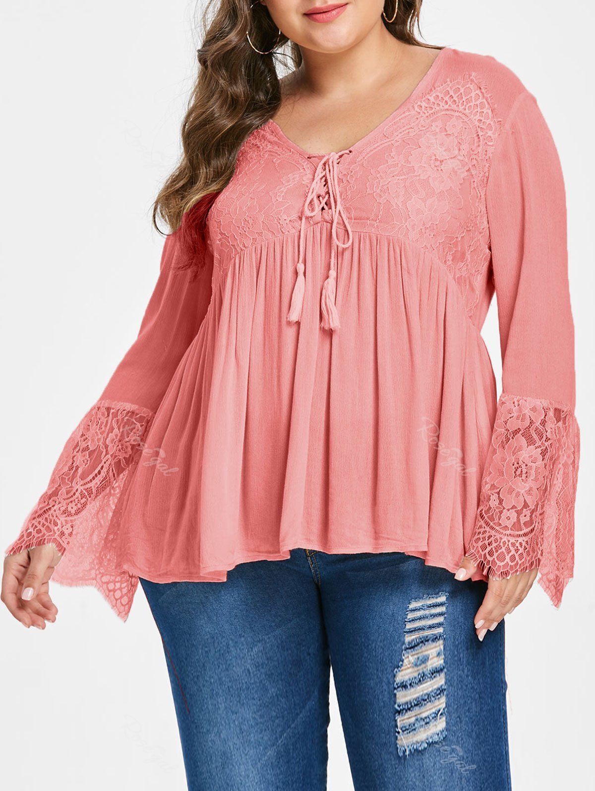 Lace Panel Lace Up Plus Size Blouse Buy Lace Panel Lace Up Plus Size Blouse