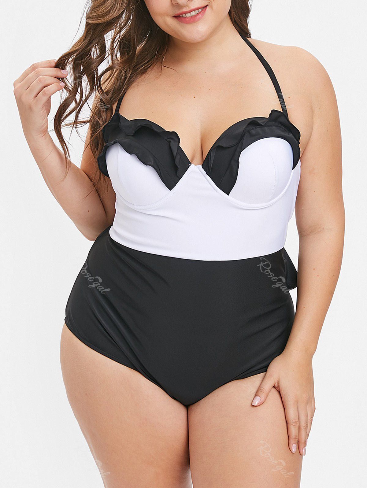 Unique Vintage Plus Size Black Halter Shirred Derek One Piece