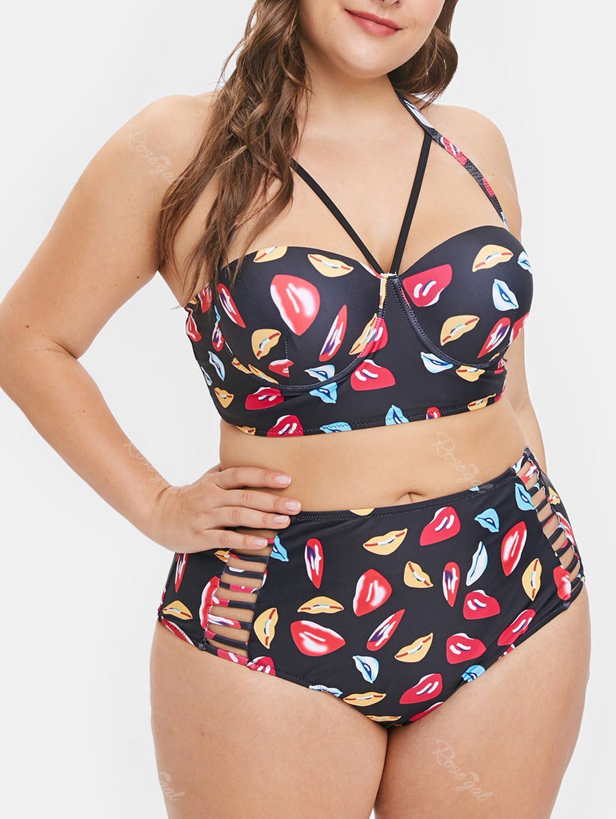 Hot Underwire Plus Size Lip Print Bikini Set  