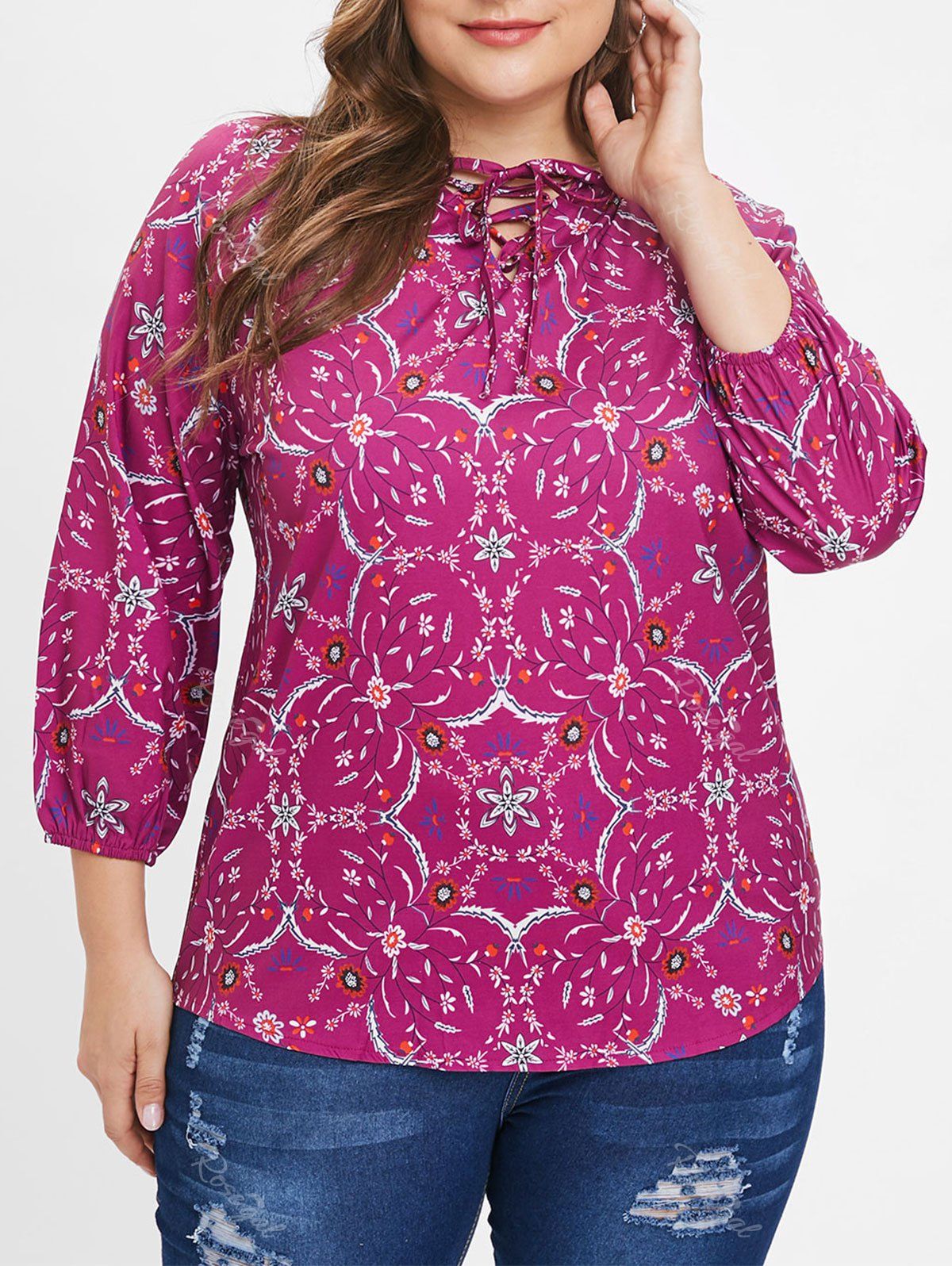 

Plus Size Raglan Sleeves Floral Blouse with Lace Up, Multi