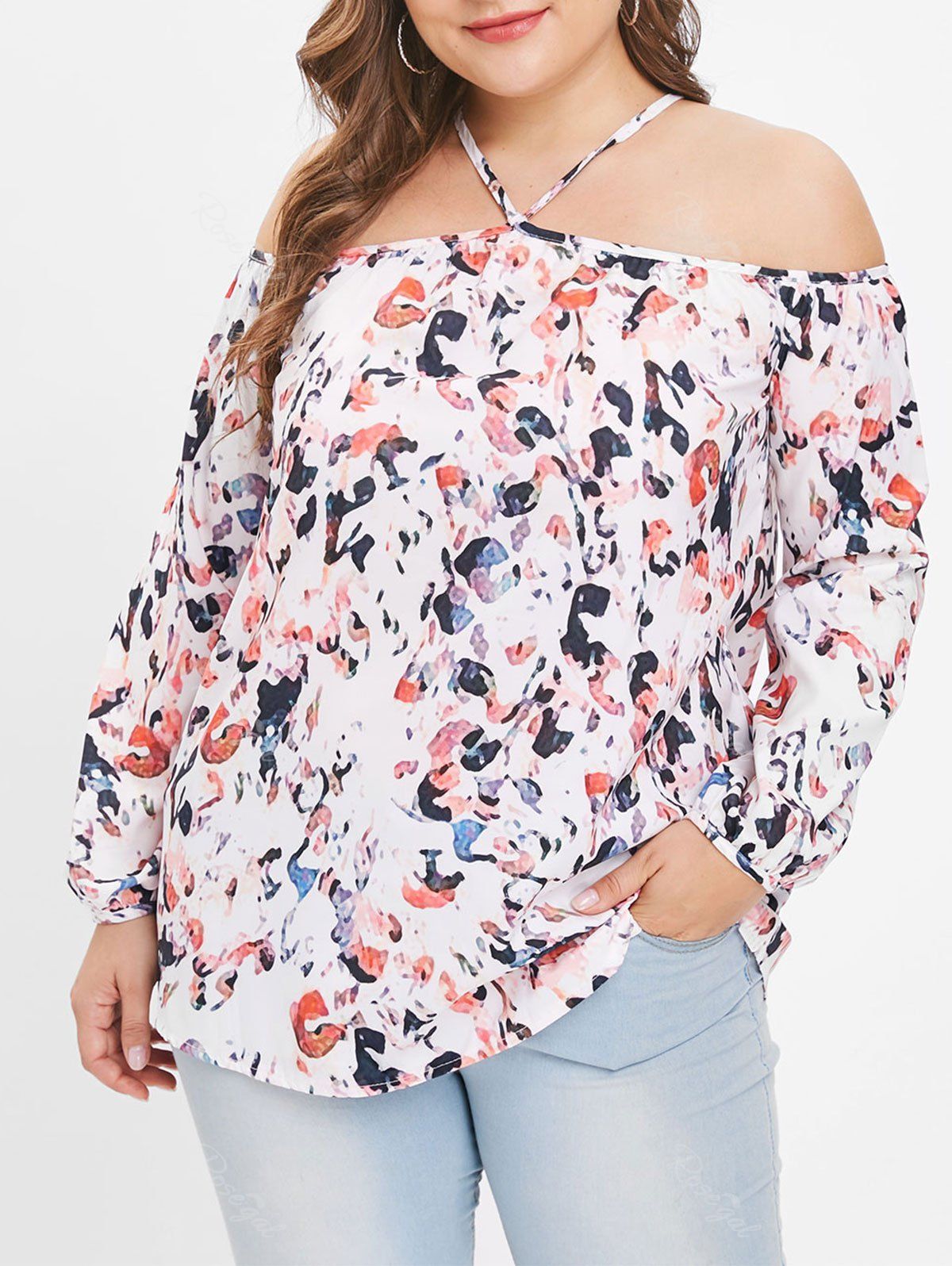 

Plus Size V Neck Printed Blouse with Cold Shoulder, White