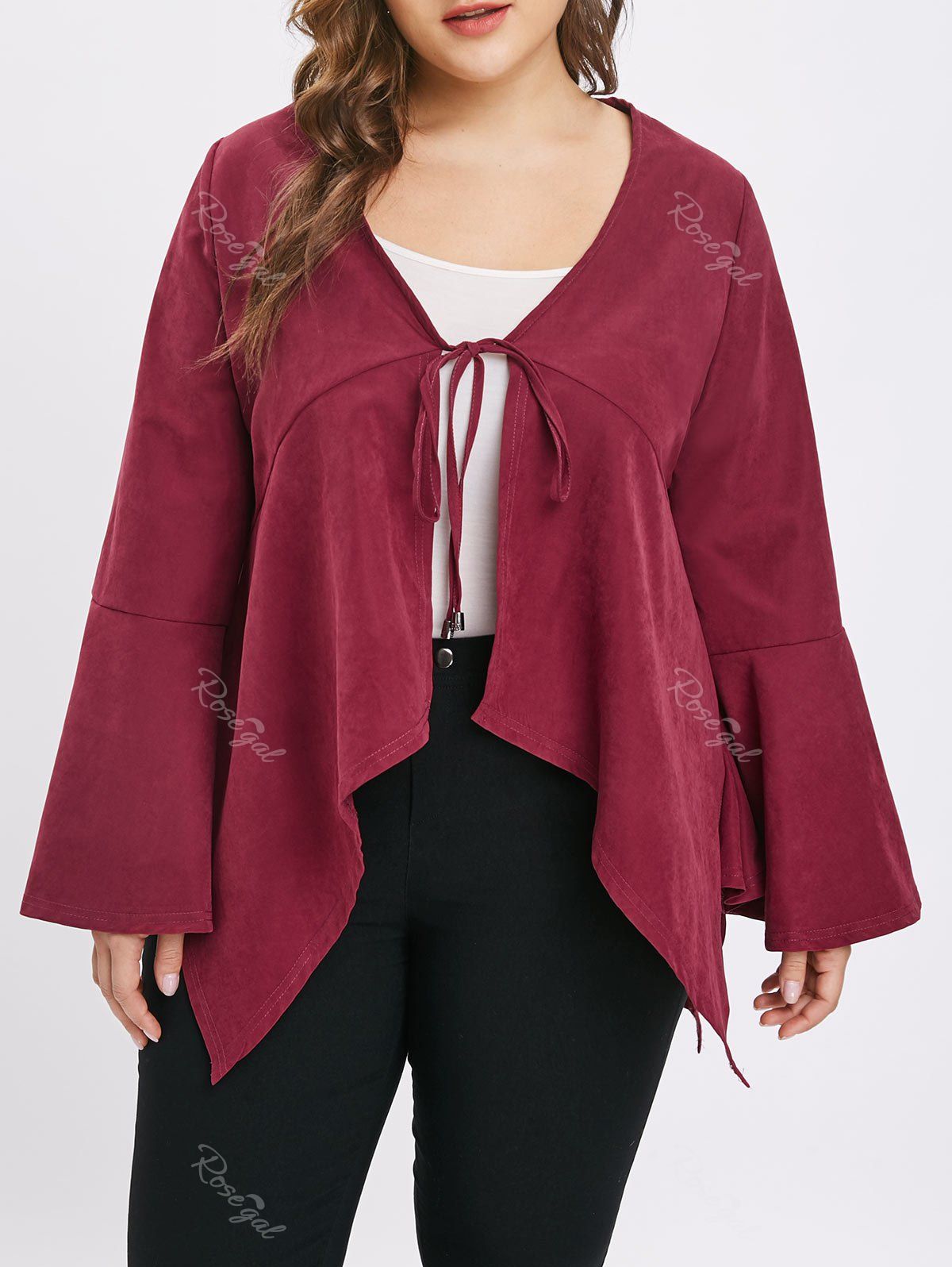 

Plus Size Asymmetric Tie Coat with Flare Sleeves, Red wine