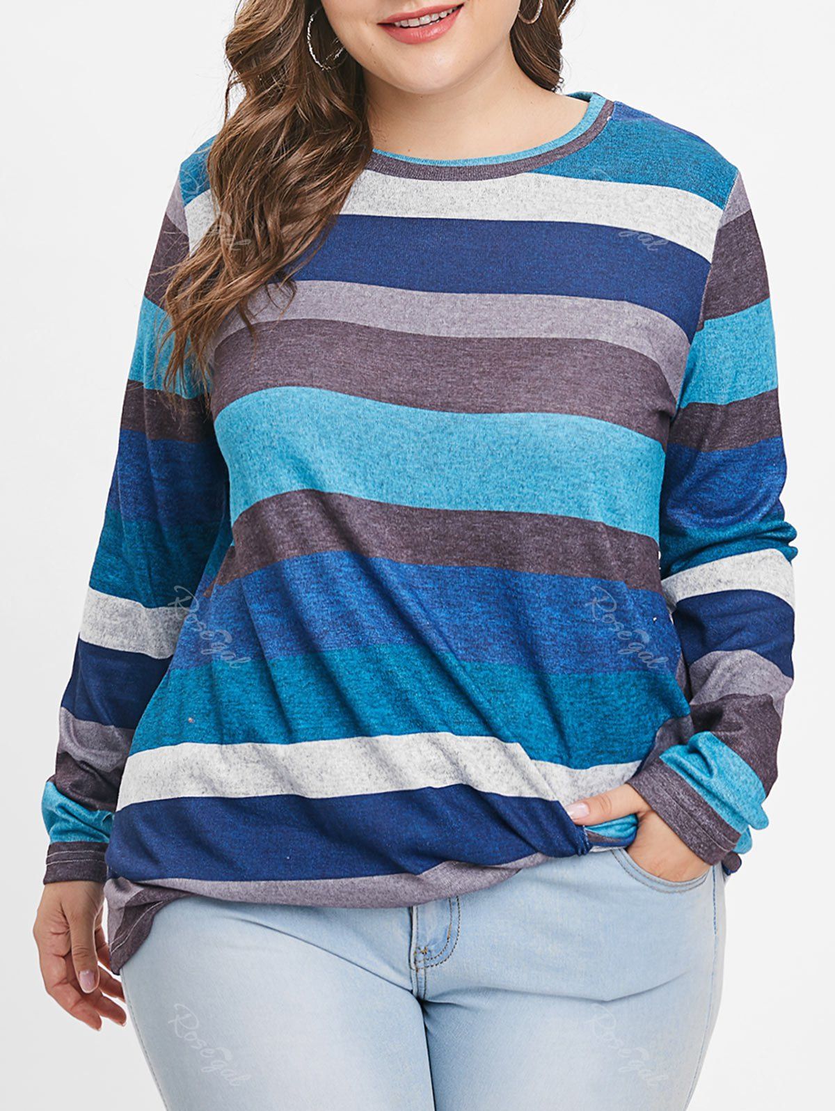 

Plus Size Striped Panel Twist T-shirt, Blue