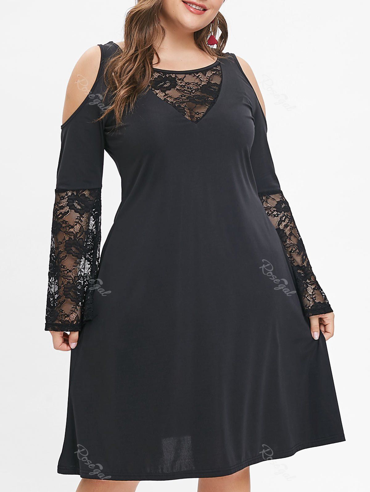 

Plus Size Long Sleeves Lace Panel High Waisted Dress, Black