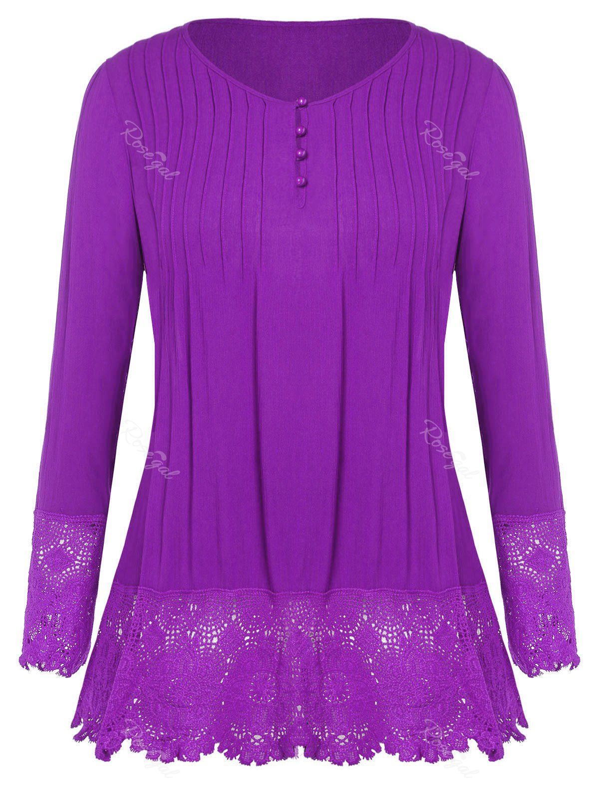

Button Detail Plus Size Lace Panel T-shirt, Purple