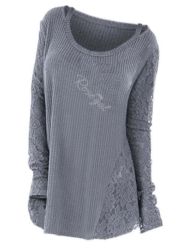 

Plus Size Long Sleeves Cutout Tee with Lace, Gray