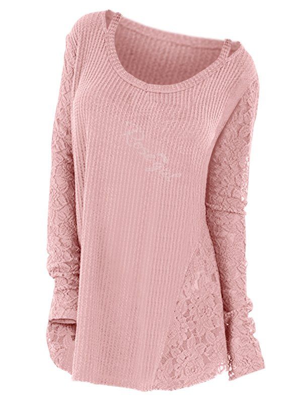 

Plus Size Long Sleeves Cutout Tee with Lace, Pink