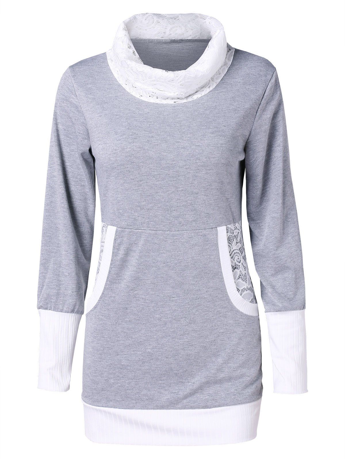 

Contrast Trim Lace Panel Longline Sweatshirt, Gray