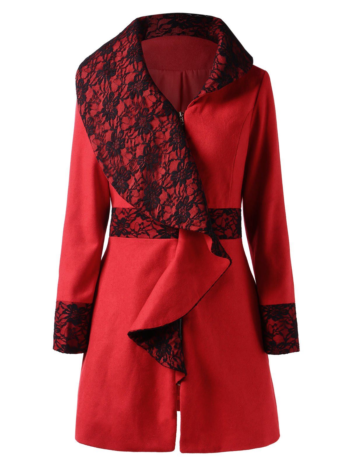 

Lace Insert Cascading Ruffled Coat, Red