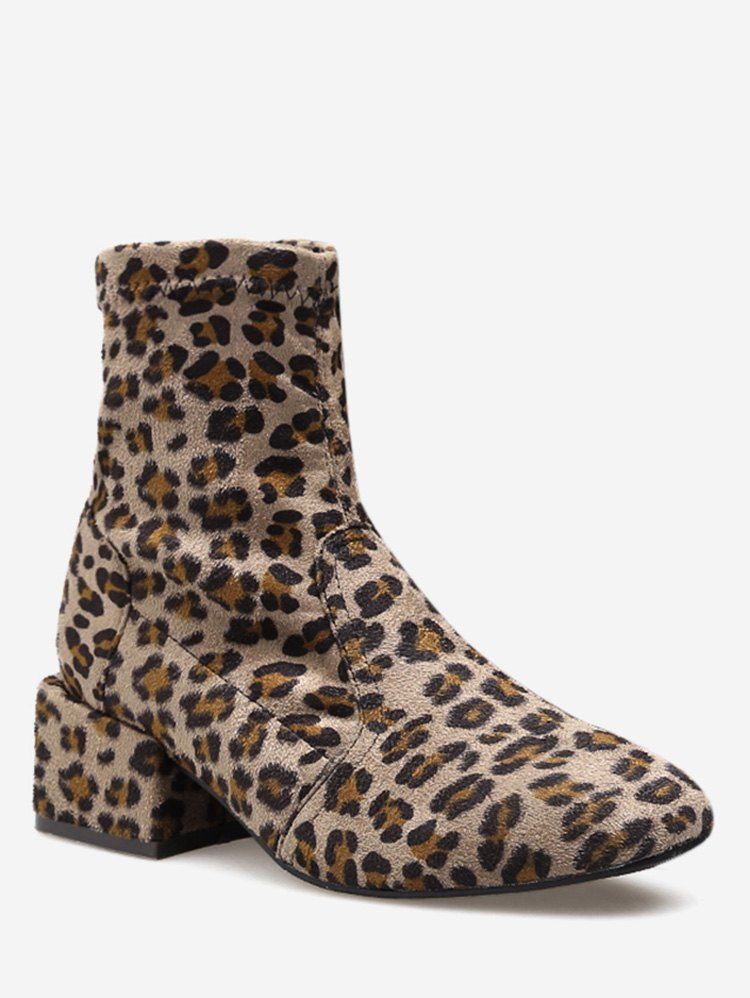 

Chunky Heel Suede Sock Short Boots, Leopard