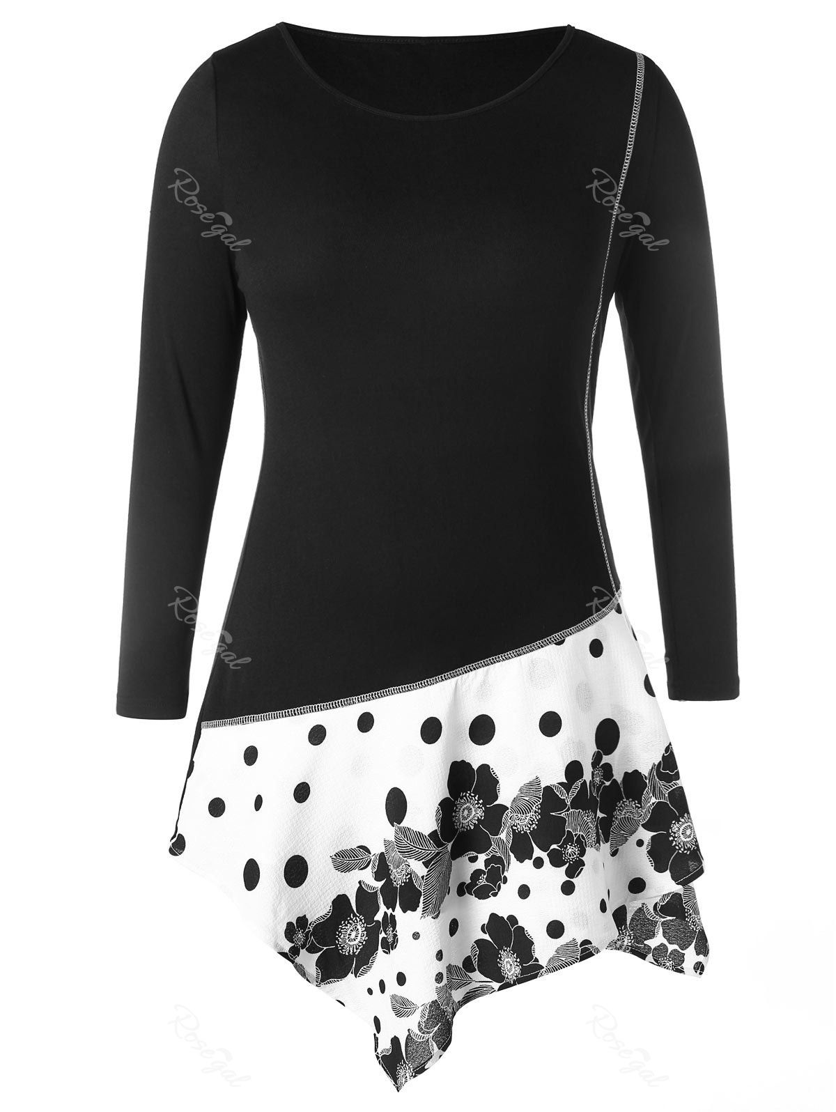 

Plus Size Contrast Seam Panel Floral Polka Dot Print T-shirt, Black