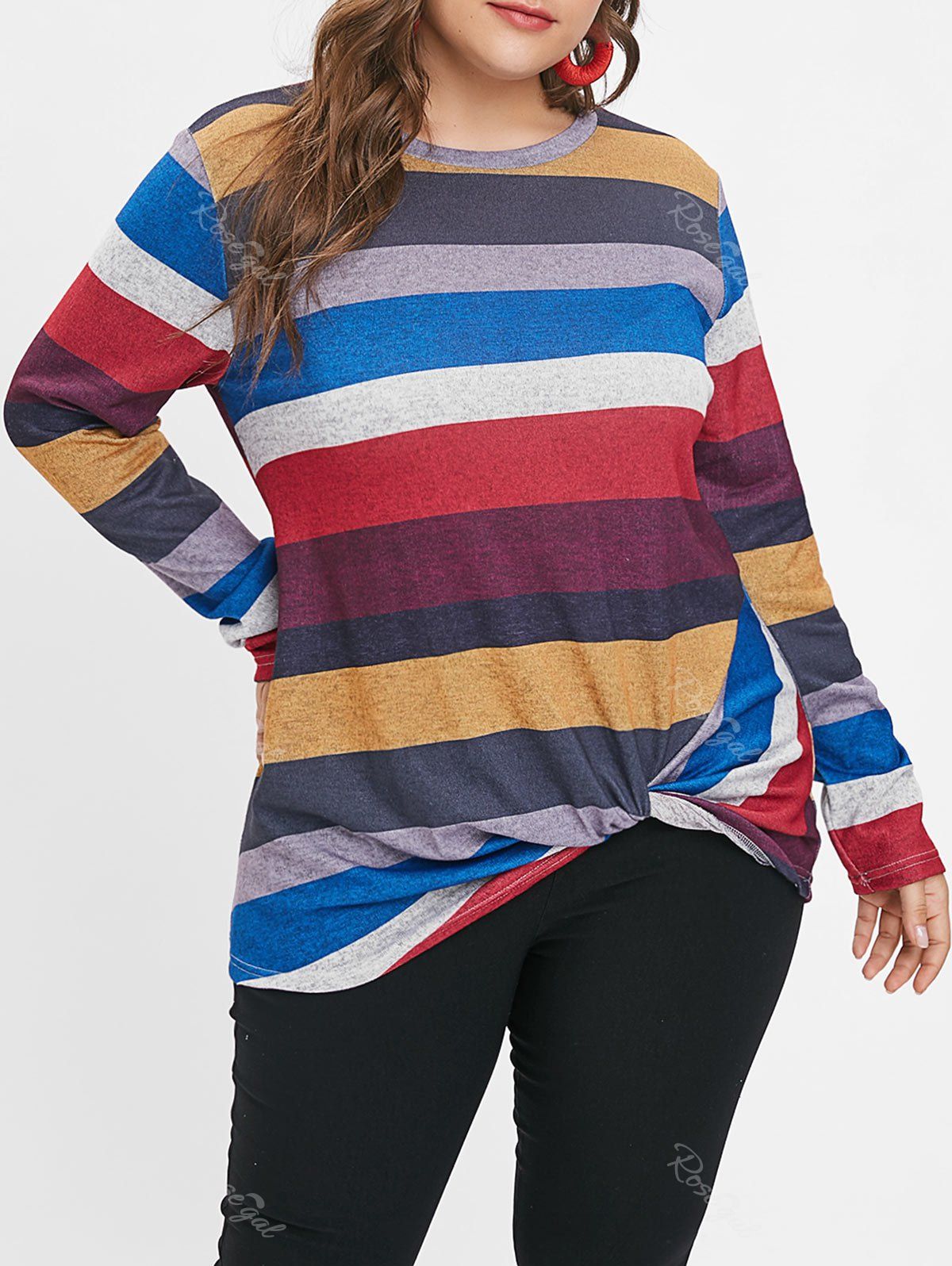 

Plus Size Striped Panel Twist T-shirt, Red
