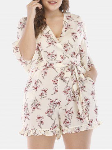 2019 plus size pockets floral surplice romper with ruffles