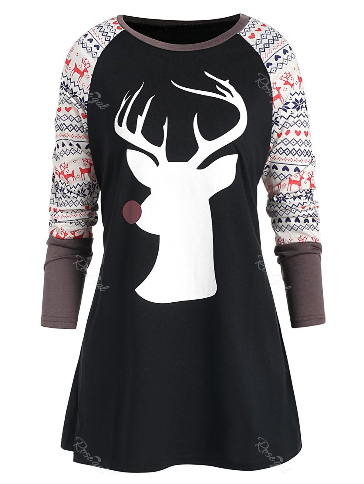 

Plus Size Round Neck Christmas Elk Print T-shirt, Black