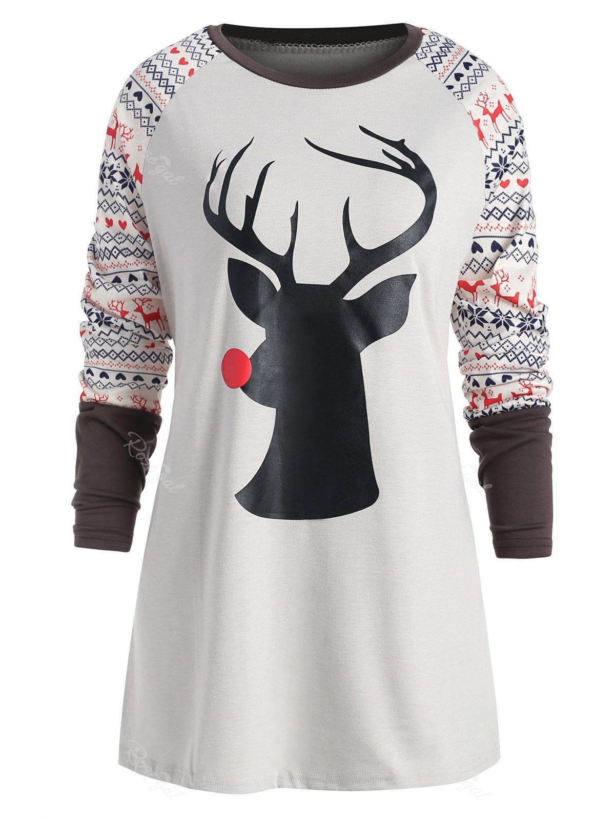 

Plus Size Round Neck Christmas Elk Print T-shirt, Light gray