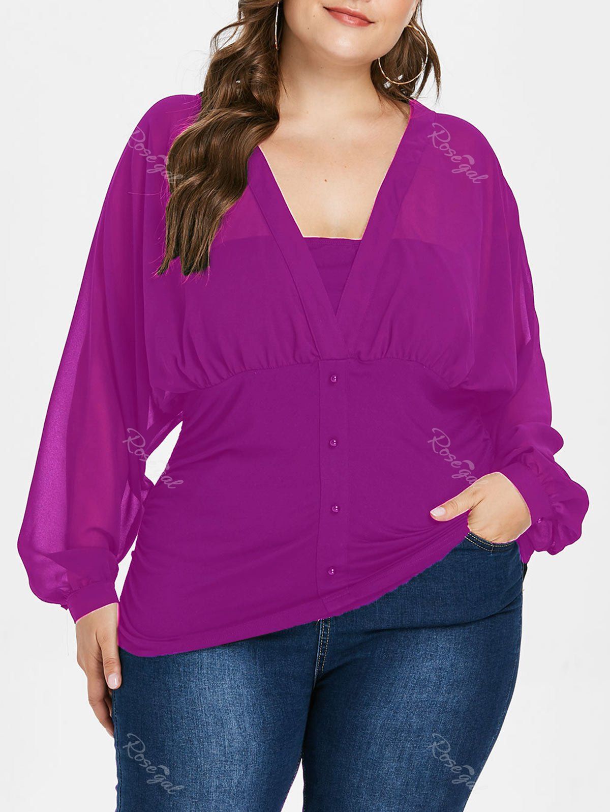 

Plunge Plus Size Button Embellished Blouse, Dark carnation pink