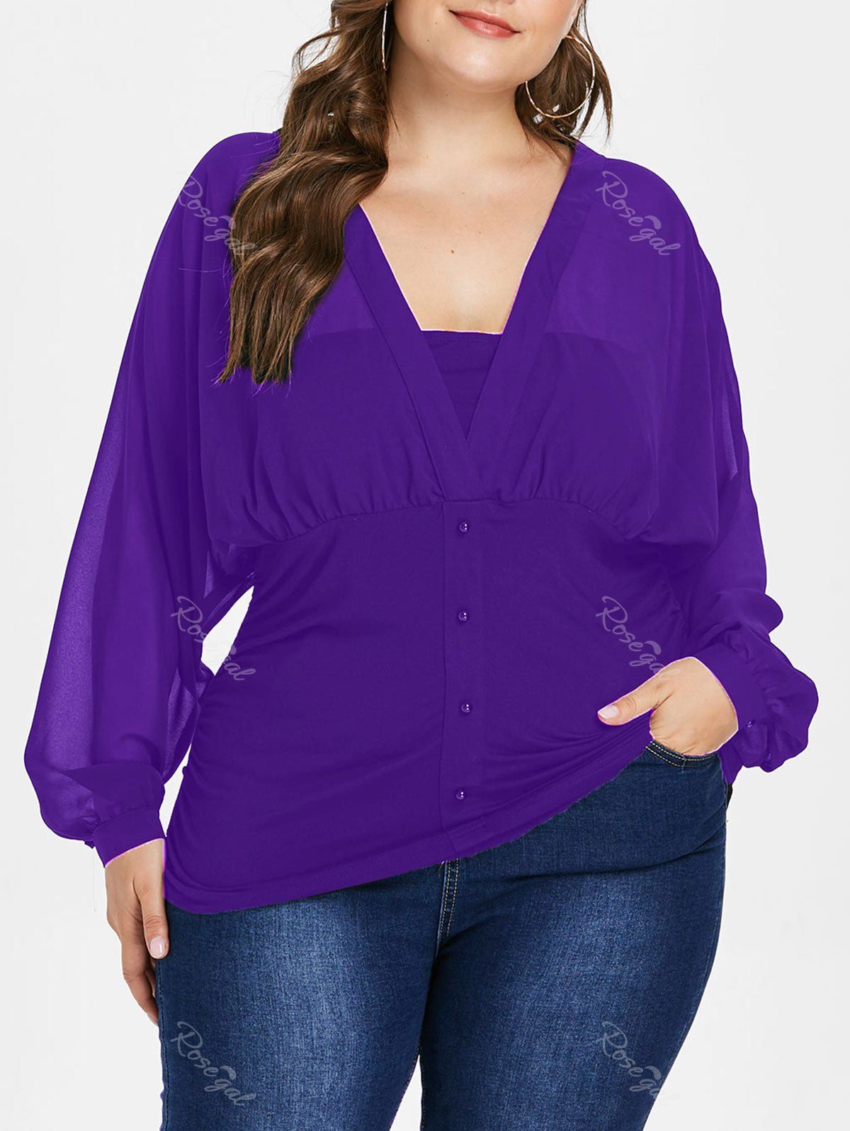 

Plunge Plus Size Button Embellished Blouse, Purple iris