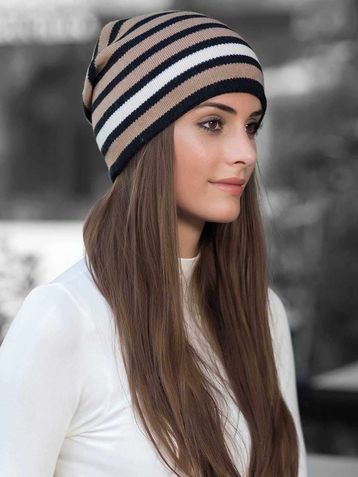 

Winter Thick Warm Striped Wool Knitted Beanie, Black