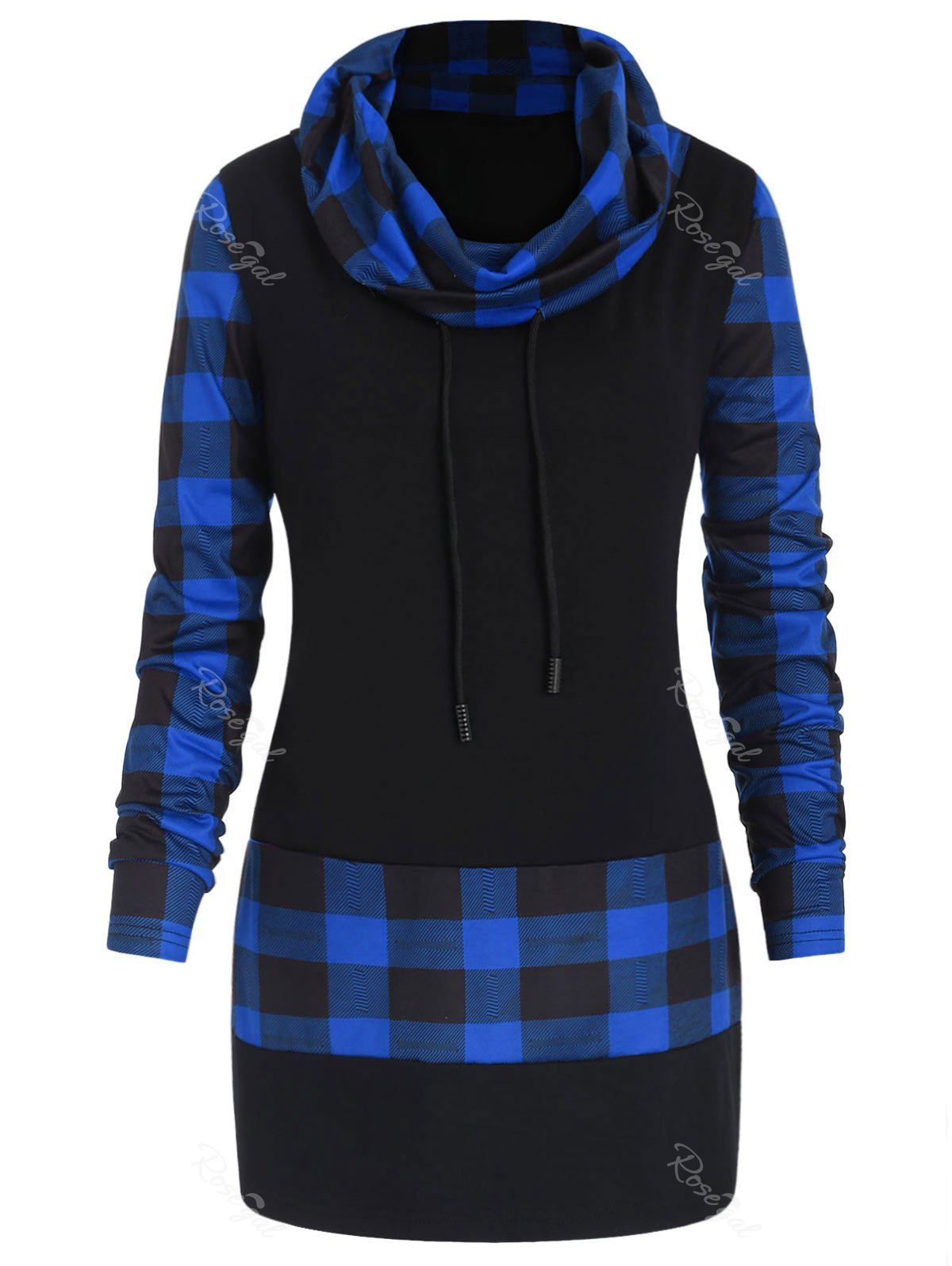 

Plus Size Long Sleeves Plaid Panel Tee, Blue