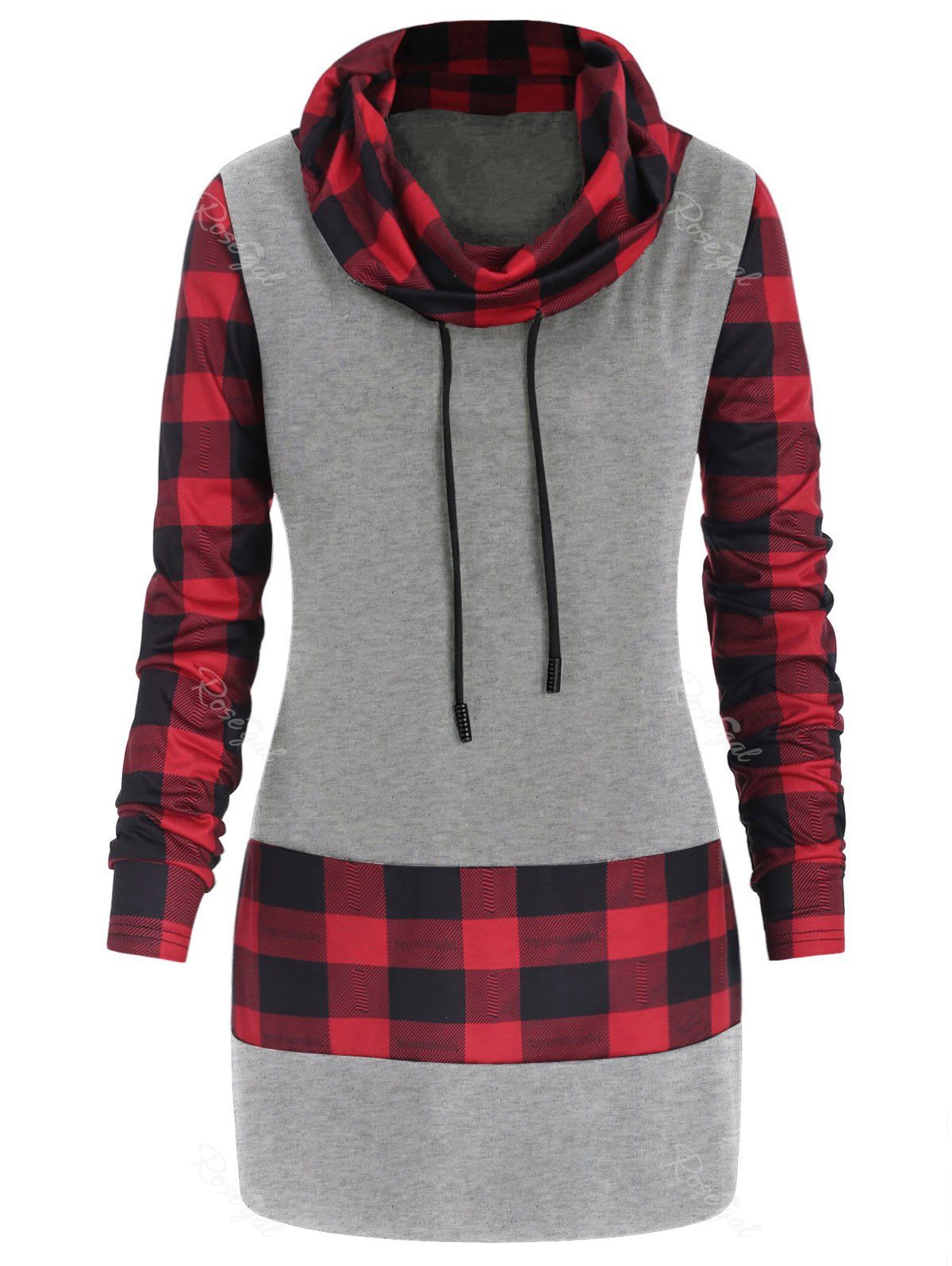 

Plus Size Long Sleeves Plaid Panel Tee, Gray