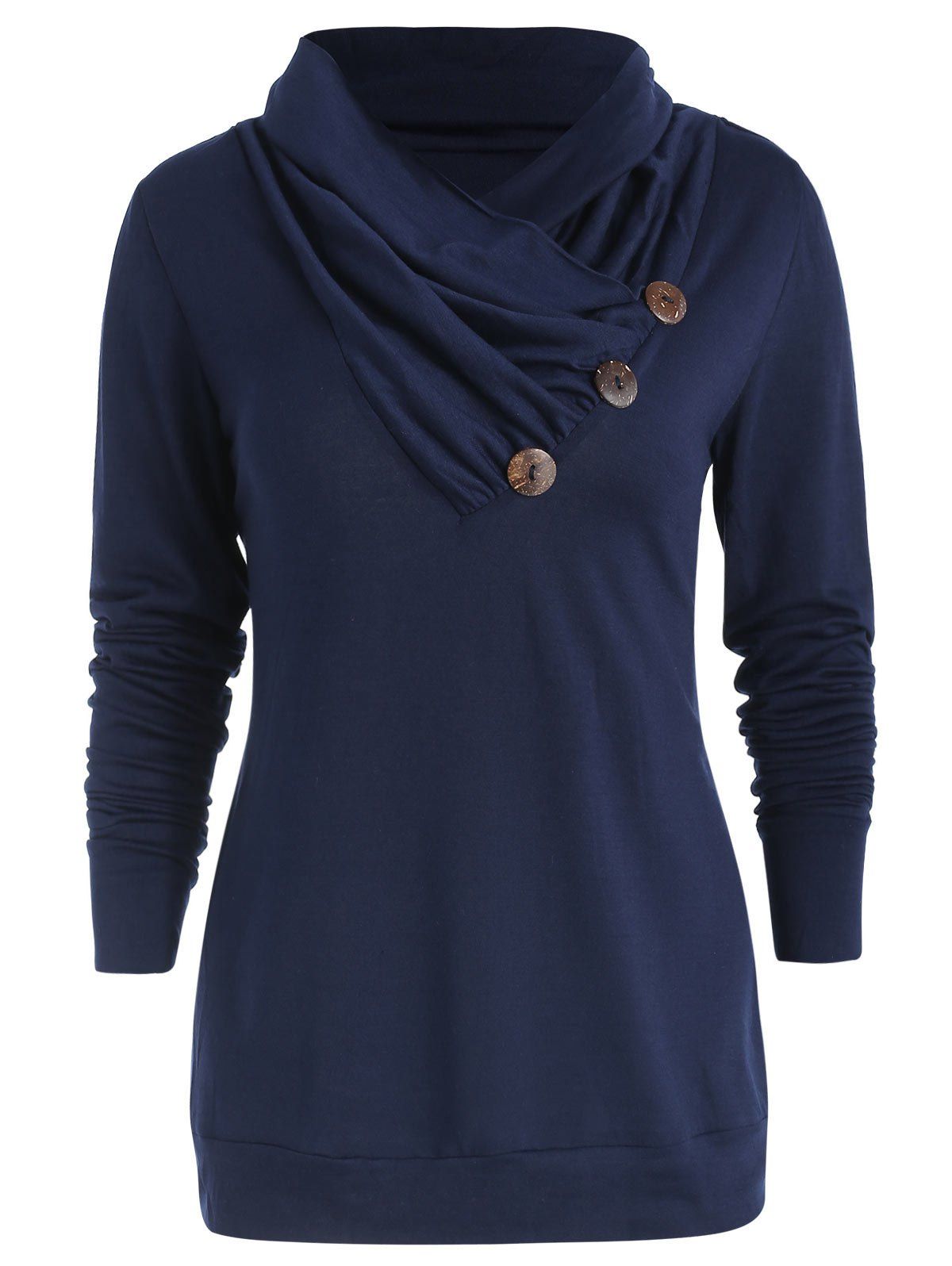 

Cowl Neck Button Embellished T Shirt, Cadetblue