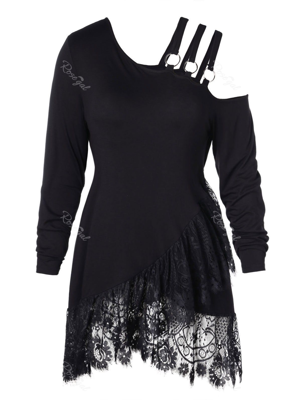 

Plus Size Lace Irregular Hem T-shirt, Black