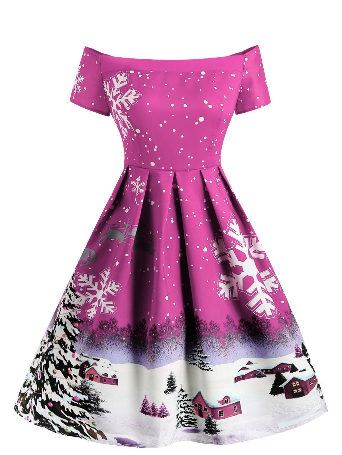 

Christmas Snowflake Print Off The Shoulder Dress, Rose red