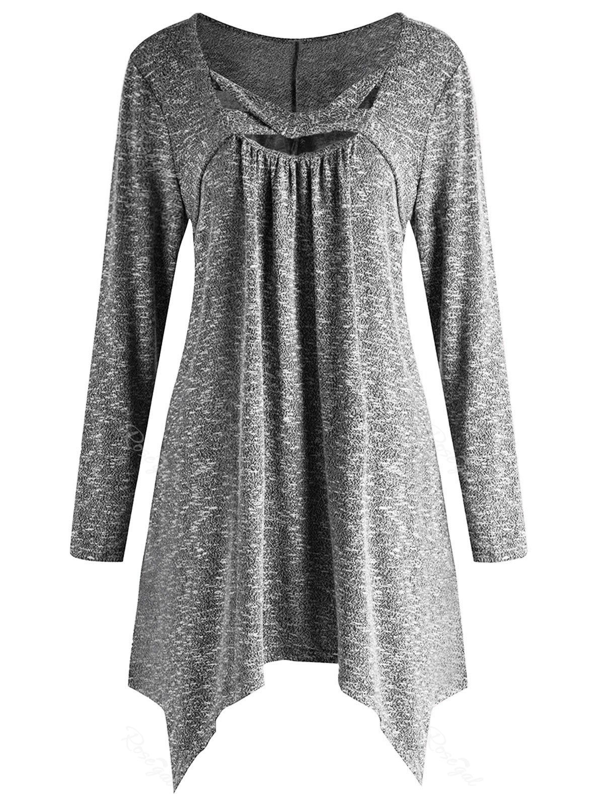 

Plus Size U Neck Criss Cross Long Sleeves Tee, Gray