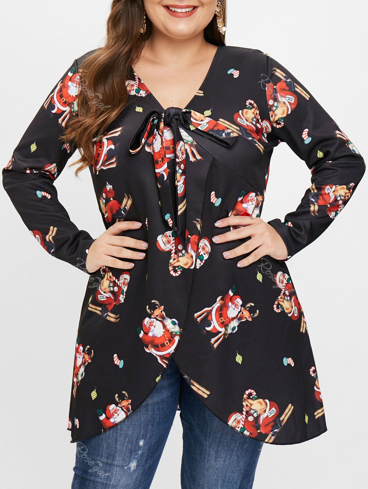 

Plus Size Knot Slit Christmas Graphic Longline Tee, Black