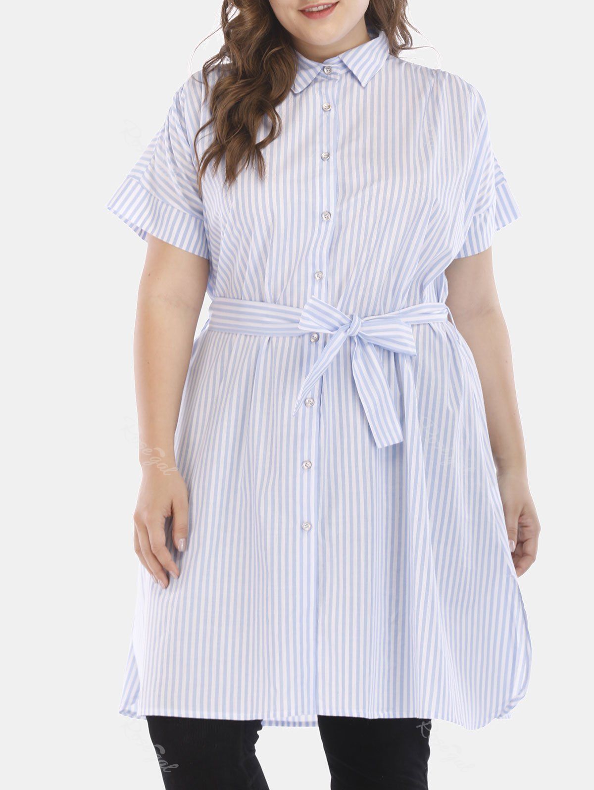 

Plus Size Striped Longline Belt Shirt, Day sky blue
