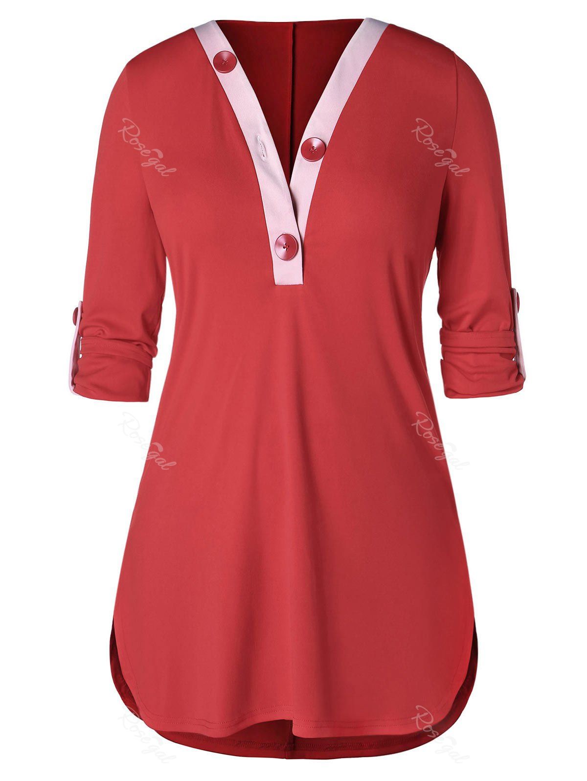 

Plus Size Bending Hem Button Two Tone T-shirt, Rosso red