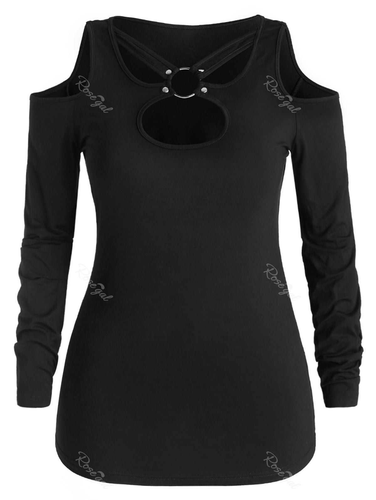 

Plus Size Cutout O Ring Open Shoulder T-shirt, Black