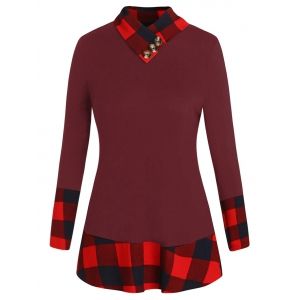 

Plus Size Plaid Panel T-shirt, Red wine